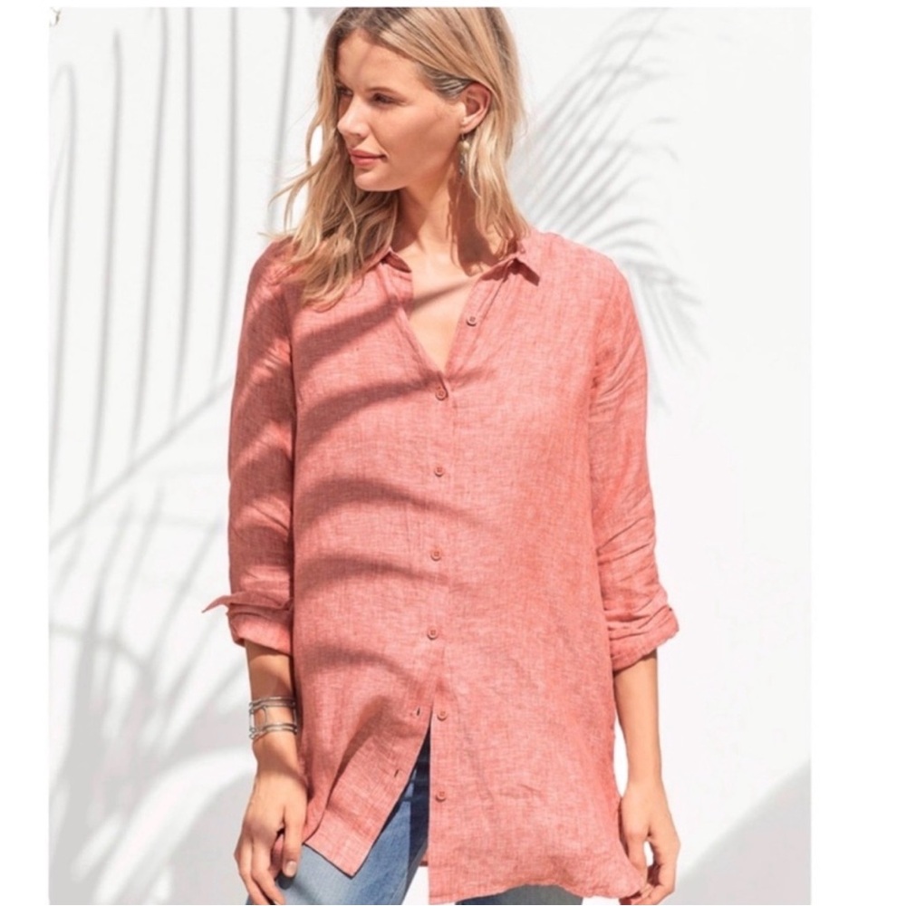 Garnet Hill Linen Button Up‎ Tunic Shirt Top Orange M Ecofriendly Sustainable